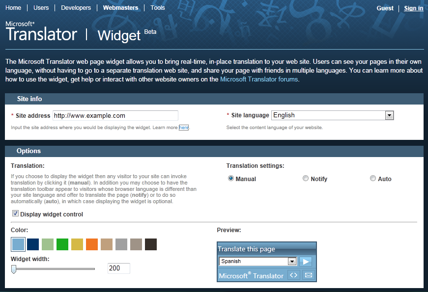 Microsot Translator Web Widget Admin Page (2012)